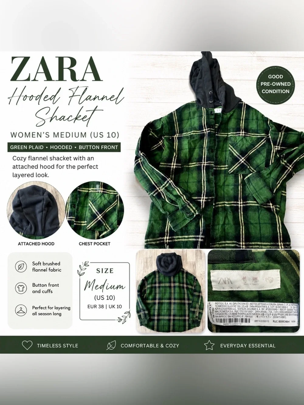 Zara Kids Hooded Plaid Flannel Shacket Green Black Button Front Shirt Sz 10